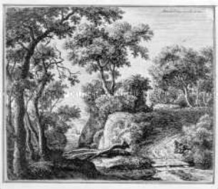 Landschaft mit Baumstamm im Fluss (zwei Bauern mit Hund am Weg) - aus einer Folge Landschaften, quadratisch, Signatur links oder rechts oben, nicht numeriert