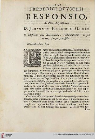 Frederici Ruyschii responsio, ad virum expertissimum D. Johannem Henricum Graetz […]