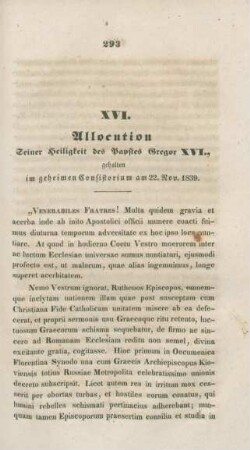 293-303 Allocution Seiner Heiligkeit des Papstes Gregor XVI., gehalten im geheimen Consistorium am 22. Nov. 1839