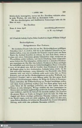 Friedrich Ludwig Christian zu Solms-Laubach an August Wilhelm von Schlegel, Köln, 07.04.1820