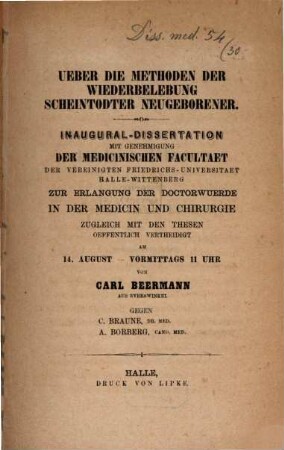 Über die Methoden der Wiederbelebung scheintodter Neugeborener