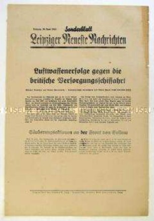 Sonderblatt der "Leipziger Neuesten Nachrichten" zu deutschen Luftangriffen gegen die britische Versorgungsschiffahrt