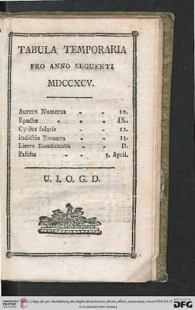 Tabula Temporaria pro anno sequenti MDCCXCV
