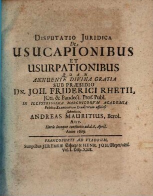 Disp. iur. de usucapionibus et usurpationibus