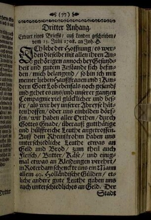Dritter Anhang. Extract eines Brieffs/ auß Londen geschrieben/ vom 13. Julii 1708.