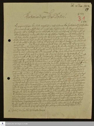 Brief von Johann Ernst Bergmann an Georg Christian Knapp über die Gerichtsbeschlüsse zum Rabenhorstschen Nachlaß sowie über die Lehren anderer Religionsgemeinschaften.
