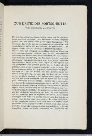 Zur Kritik des Fortschritts / von Berthold Vallentin