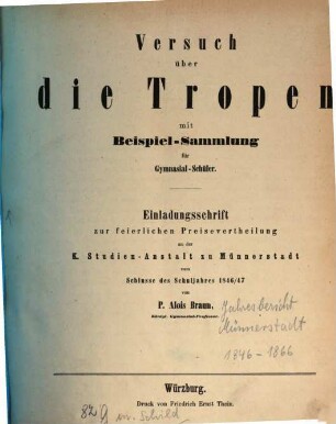 Versuch über die Tropen : mit Beispiel-Sammlung für Gymnasial-Schüler