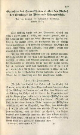 Gutachten des Herrn Chevreul über den Einfluß des Kochsalzes im Thier- und Pflanzenreiche.