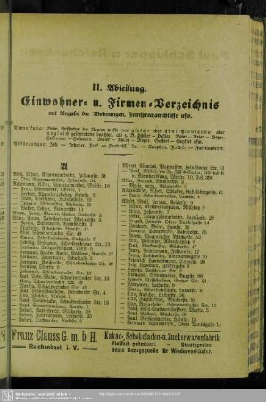 II. Abteilung. Einwohnerverzeichnis : II. Abteilung. Einwohner- u. Firmen-Verzeichnis