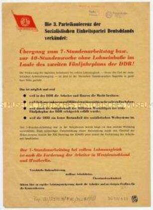Agitationsblatt der SED zur Einführung der 40-Stundenwoche im 2. Fünfjahrplan der DDR, Kampfziel am 1. Mai auch in Westberlin