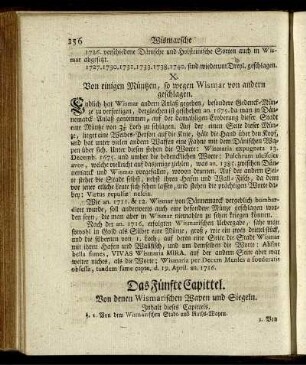 Das Fünfte Capittel. Von denen Wismarischen Wapen und Siegeln.