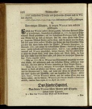Das Fünfte Capittel. Von denen Wismarischen Wapen und Siegeln.