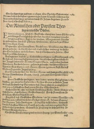 Der Römischen oder Papisten Theologen teutsche Bücher.