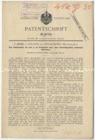 Patentschrift einer Hackmaschine mit Drehlaufrad und einem Drehschleppschuh mit Stellrahmen, Patent-Nr. 56762