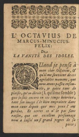 L'Octavius De Marcus-Minucius-Felix: De La Vanite Des Idoles = Marci Minucii Felicis Octavius: De Idolorum Vanitate