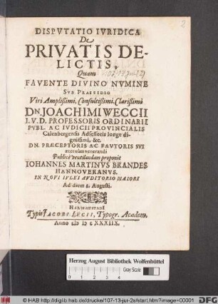 Disputatio Iuridica De Privatis Delictis