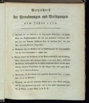 Verzeichniß der Verordnungen und Verfügungen vom Jahre 1772.
