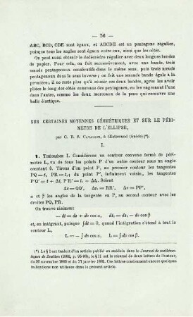 SUR CERTAINES MOYENNES GÉOMÉTRIQUES ET SUR LE PÉRIMÈTRE DE L'ELLIPSE.