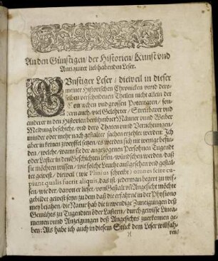 An den Günstigen/ der Hsitorien/ Kunst und Antiquitet liebhabenden Leser.
