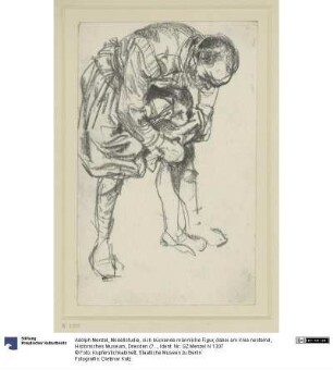 Modellstudie, sich bückende männliche Figur, dabei am Knie nestelnd, Historisches Museum, Dresden (?)