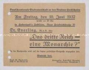 Handzettel mit der Einladung zu einer Diskussions- Veranstaltung über das Verhältnis der Nationalsozialisten zur Monarchie