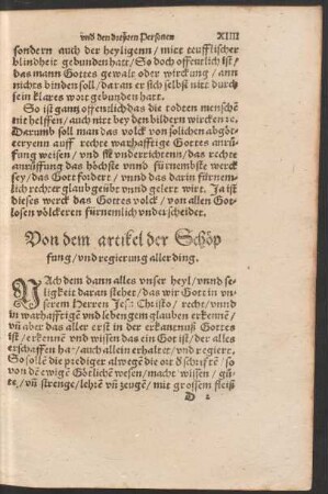 Von dem artikel der Schöpfung/ und regierung aller ding.