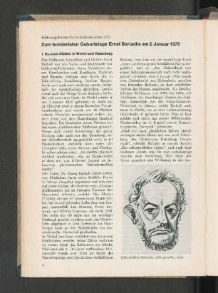 Zum hundertsten Geburtstage Ernst Barlachs am 2. Januar 1970