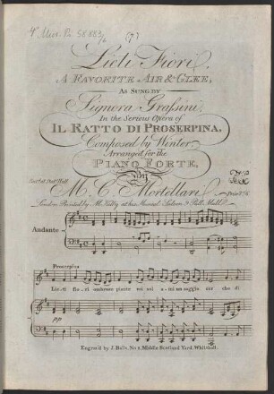 Lieti Fiori, A FAVORITE AIR & GLEE, AS SUNG BY Signora Grassini, In the Serious Opera of IL RATTO DI PROSERPINA, Composed by Winter, Arranged for the PIANO FORTE, By M. C. Mortellari. Ent.d at Stat.s Hall