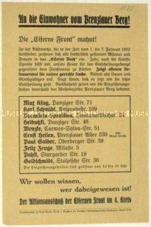 Aufruf zur Rüstwoche der Eisernen Front vom 1. bis 7. Februar 1932 in Berlin-Prenzlauer Berg