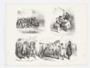 Schlachtszene, Obstverkäuferin, zwei Darstellungen von Männern mit Pferden im Gespräch, Blatt 5 der Folge "Deuxième série de Croquis de 1829"