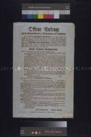 Maueranschlag: Offene Anfrage an die Commandeurs u. Wehrmänner der Landwehr. Abdruck des Artikels aus der Locomotive "Große Landwehr-Verschwörung" und hierzu eine Anfrage von Ferdinand Reichardt und Simon Jacoby; Berlin, 1. Juni 1848