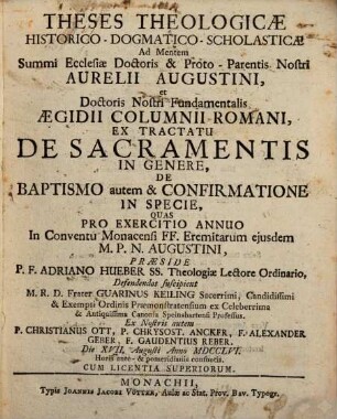 Theses theol. ... ex tractatu de sacramentis in genere, de baptismo autem et confirmatione in specie