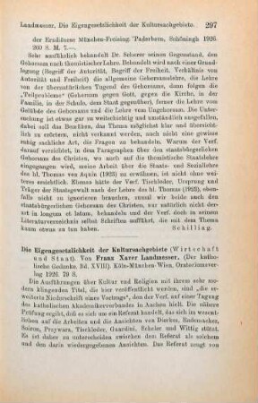 297-299 [Rezension] Landmesser, Franz Xaver, Die Eigengesetzlichkeit der Kultursachgebiete