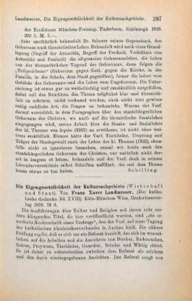 297-299 [Rezension] Landmesser, Franz Xaver, Die Eigengesetzlichkeit der Kultursachgebiete