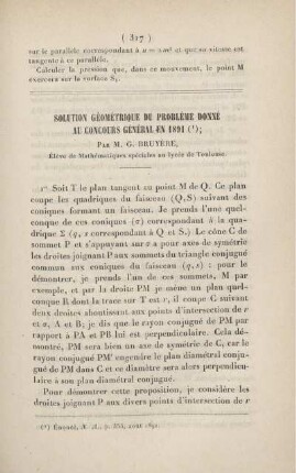 Solution géométrique du problème donné au concours général en 1891.