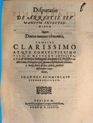 Disp. de arrestis, seu manum iniectionibus