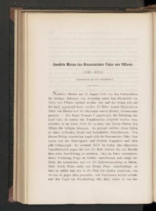Unedirte Münze des Grossmeisters Fulco von Villaret. (1310—1319.)