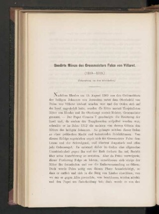 Unedirte Münze des Grossmeisters Fulco von Villaret. (1310—1319.)