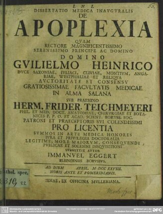 Dissertatio Medica Inauguralis De Apoplexia