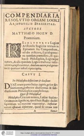 COMPENDIARIA RESOLVTIO ORGANI LOGICI ARISTOTELIS STAGIRITAE.