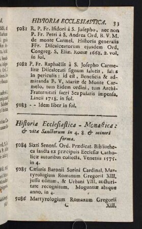33-87, Historia Ecclesiastica-Monastica: & vitae Sanctorum in 4. 8 & minori forma