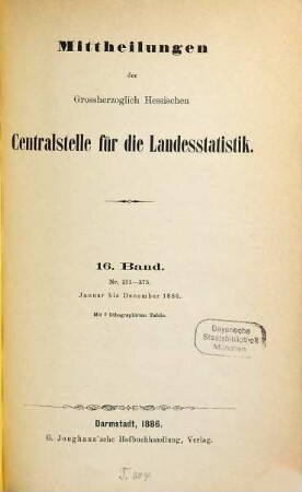 Mitteilungen der Hessischen Zentralstelle für die Landesstatistik. 16. 1886, Jan. - Dez. = Nr. 351 - 375