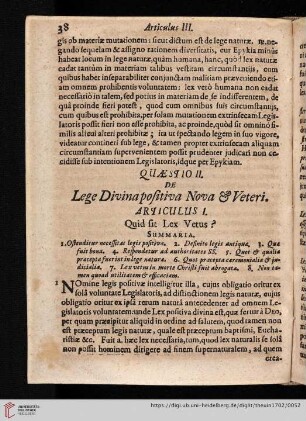 Quæstio II: De Lege Divina positiva Nova & Veteri