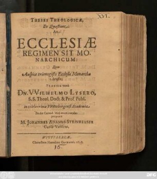 Theses Theologicae, De Quaestione: An Ecclesiae Regimen Sit Monarchicum