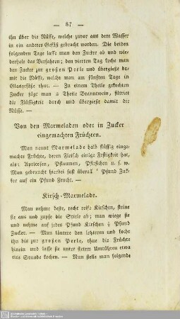 Von den Marmeladen oder in Zucker eingemachten Früchten
