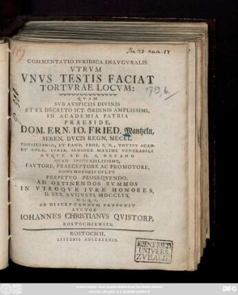 Commentatio Ivridica Inavgvralis Vtrvm Vnvs Testis Faciat Tortvrae Locvm