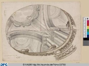 Entwurf für ein ovales Deckengemälde: Scheinarchitektur in Untersicht aus einem Innenhof heraus in die offenen Kuppeln einer Säulenhalle