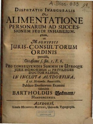 Disputatio Inauguralis De Alimentatione Personarum Ad Successionem Feudi Inhabilium