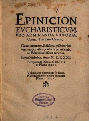 Epinicion eucharisticum, pro admiranda victoria, conta Turcicam classem ... ad Echinadas insulas